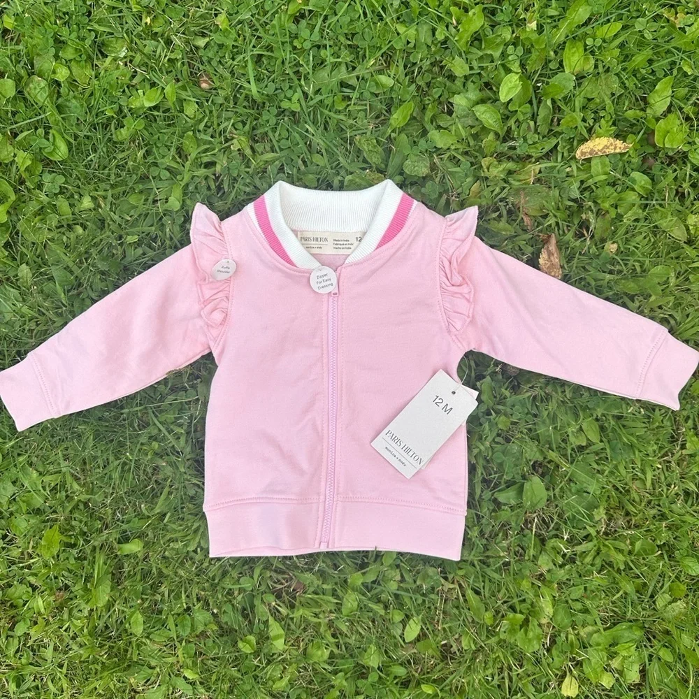Paris Hilton Infant Girls Organic Cotton Pink Track Jacket Size 12M Ruffle NWT